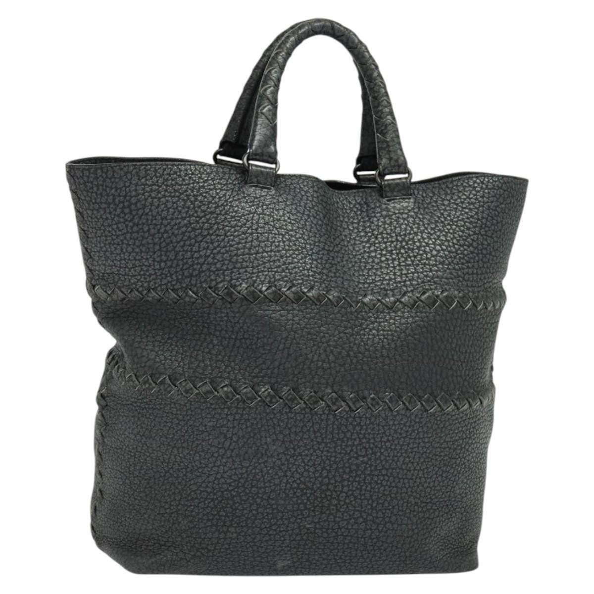 Bottega Veneta Shopping Tote Leather with Intrecciato Detail, GRAY, LEATHER, Tote bag