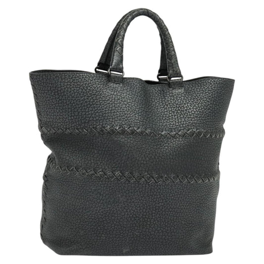Bottega Veneta Shopping Tote Leather with Intrecciato Detail, GRAY, LEATHER, Tote bag