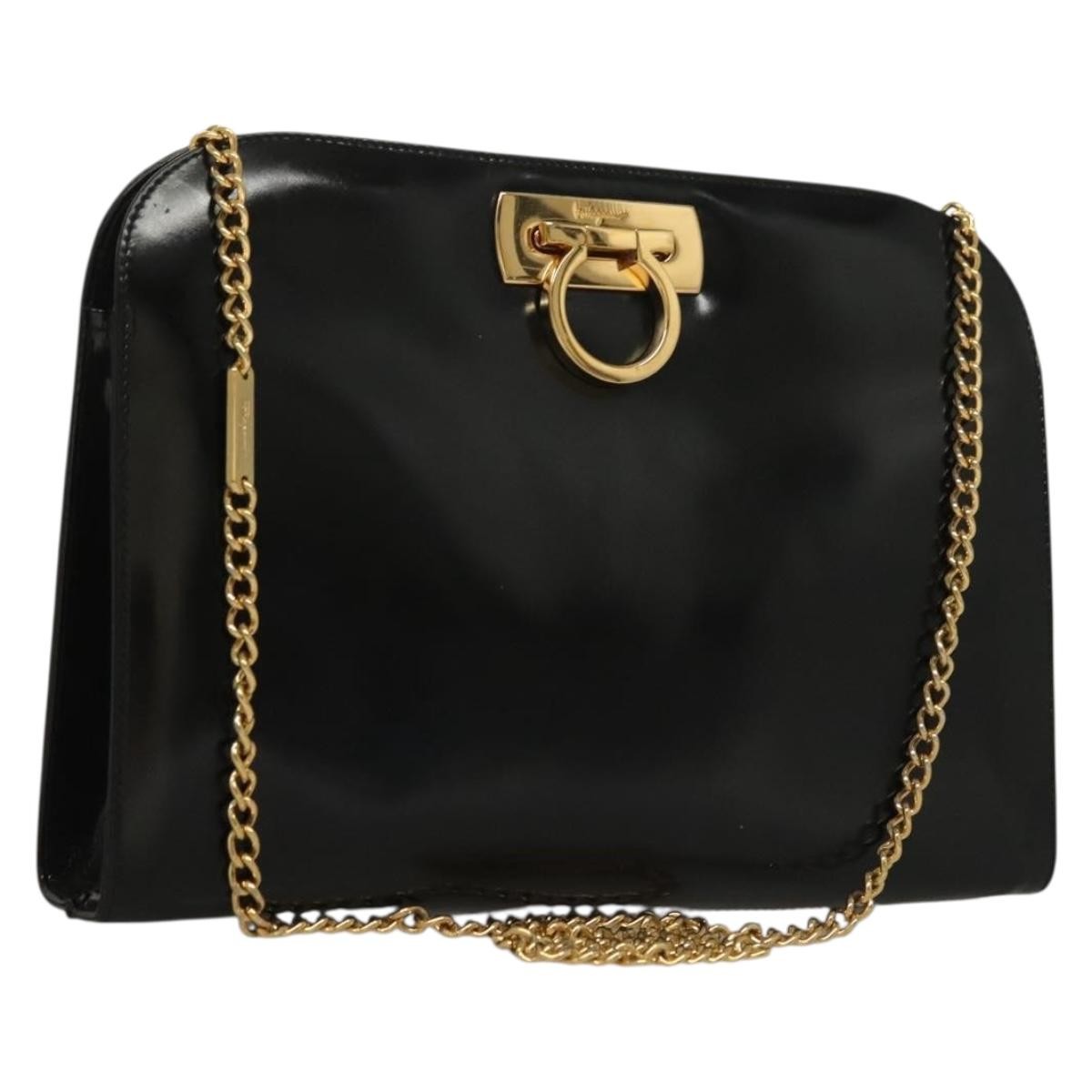 Salvatore Ferragamo Vintage Gancini Chain Shoulder Bag Patent Leather, BLACK, PATENT_LEATHER, Shoulder bag