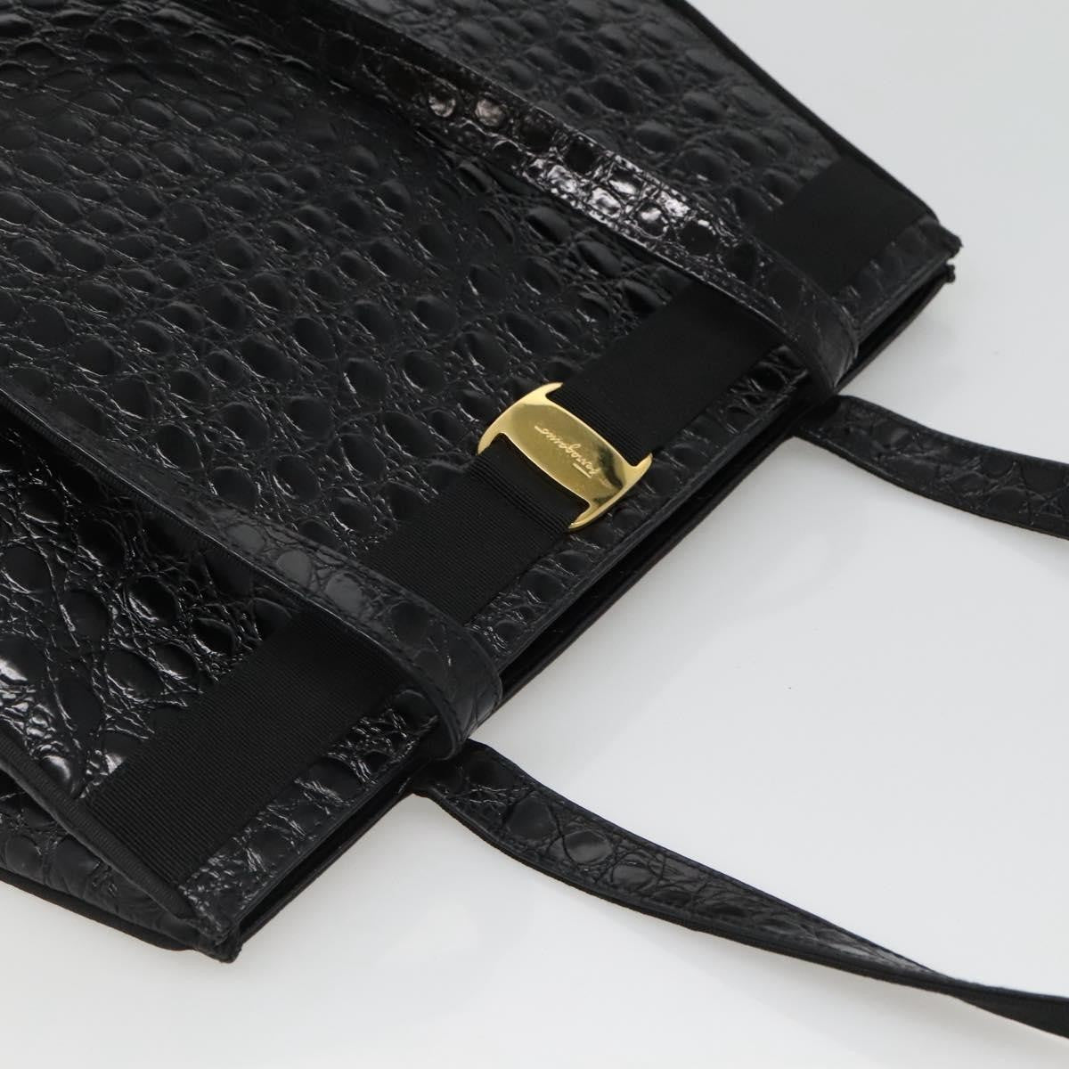 Salvatore Ferragamo Vintage Vara Bow Tote Lizard Embossed Leather, BLACK, LEATHER, Tote bag