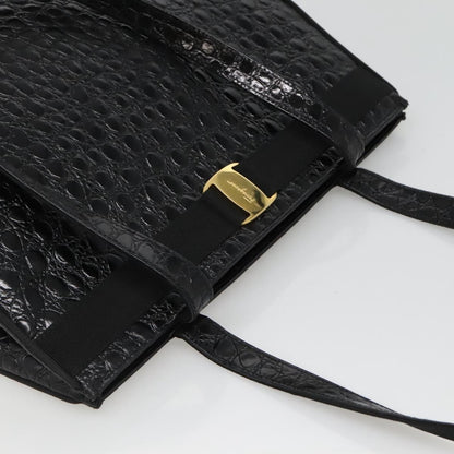 Salvatore Ferragamo Vintage Vara Bow Tote Lizard Embossed Leather, BLACK, LEATHER, Tote bag