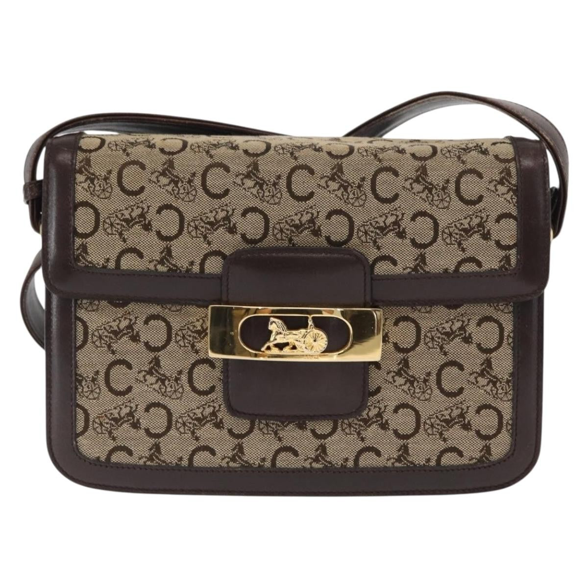Celine Vintage Horse Carriage C Macadam Shoulder Bag Canvas and Leather, BEIGE, CANVAS, Shoulder bag
