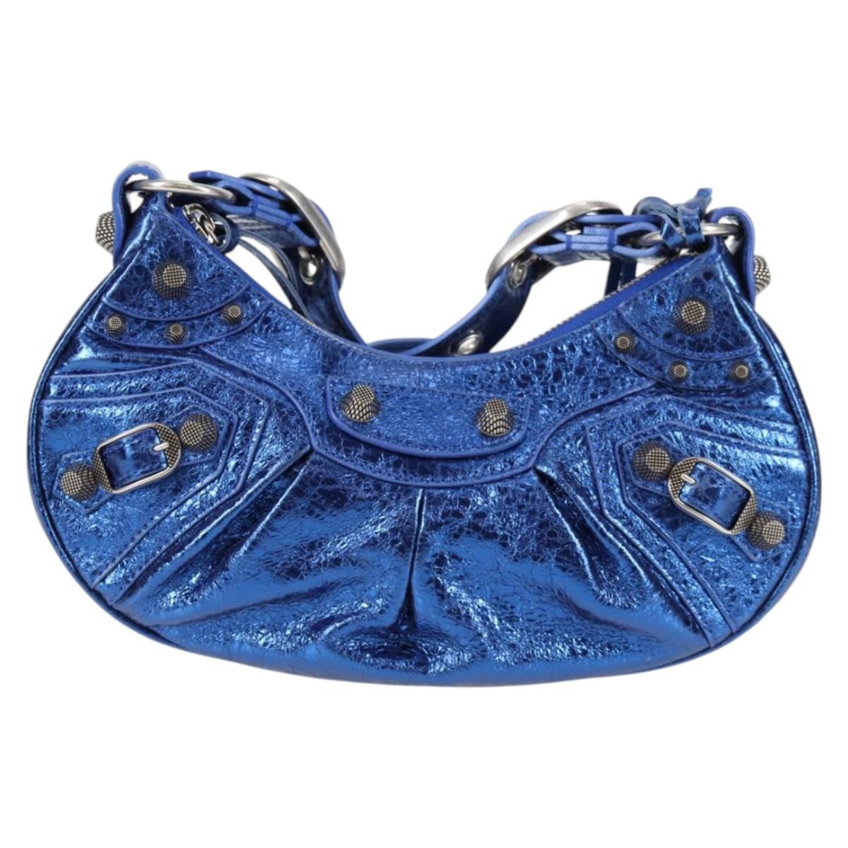 Balenciaga Le Cagole Giant Studs Shoulder Bag Leather, BLUE, LEATHER, Shoulder bag