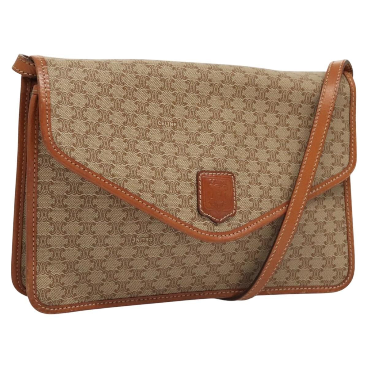 Celine Vintage Macadam Shoulder Bag Canvas and Leather, BEIGE, CANVAS, Shoulder bag