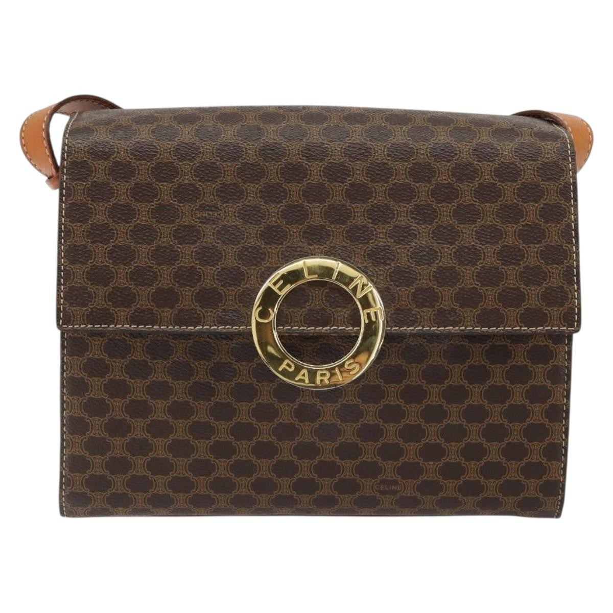 Celine Vintage Macadam Circle Logo Shoulder Bag Canvas and Leather, BROWN, CANVAS, Shoulder bag