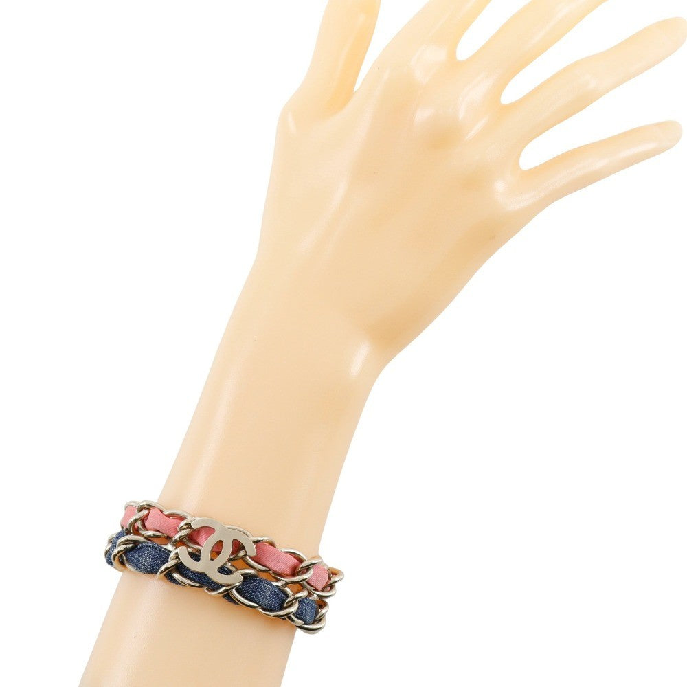 Chanel Coco mark chain 2 bracelet Metal and denim, SILVER, METAL, Bracelet