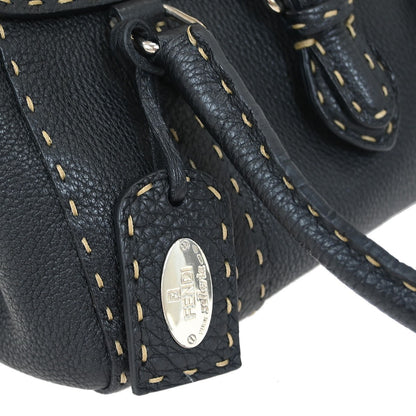 Fendi Selleria Linda Satchel Pebbled Leather, BLACK, LEATHER, Handbag