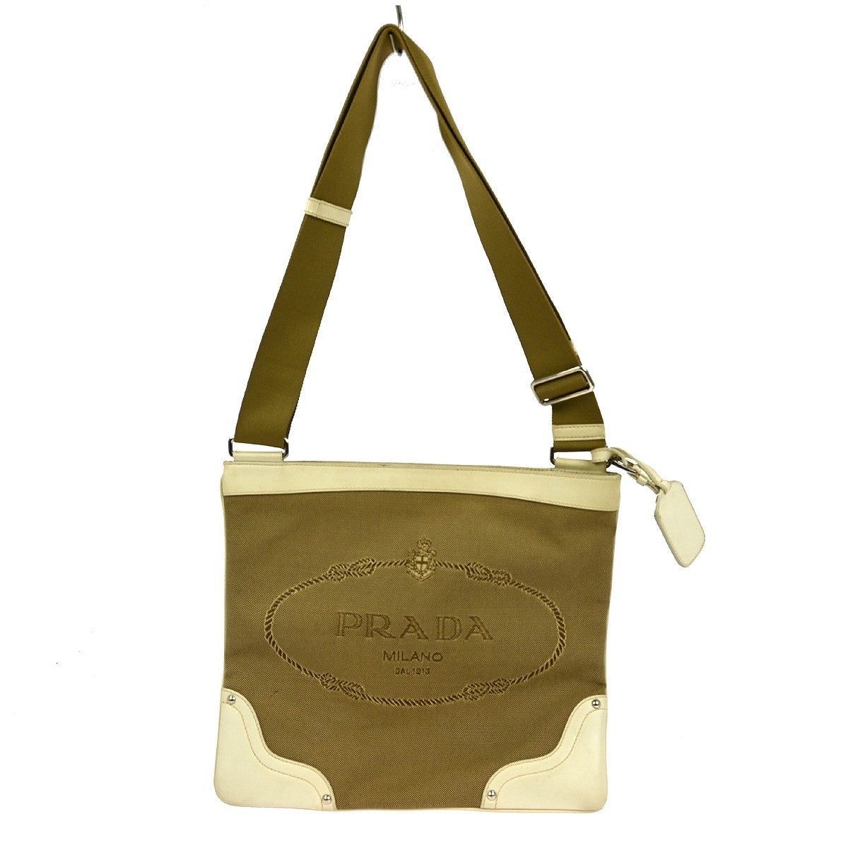 Prada Logo Zip Crossbody Bag Canvas, BEIGE, CANVAS, Shoulder bag