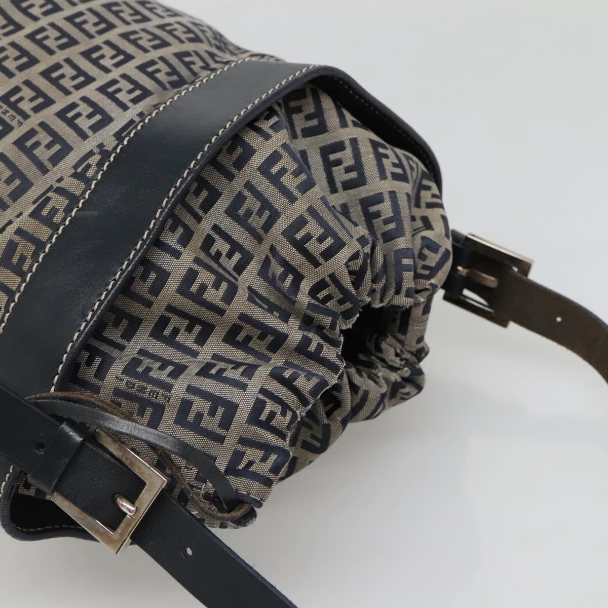 Fendi FF Logo Mon Tresor Bucket Bag Printed Shearling with Leather, NAVY, CANVAS, Shoulder bag