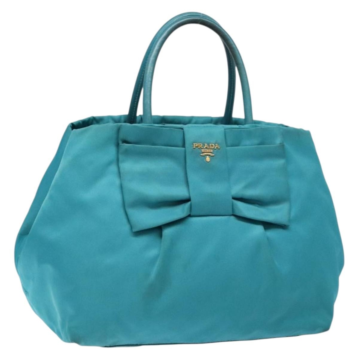 Prada Logo Bow Tote Tessuto with Leather, TURQUOISE, NYLON, Tote bag