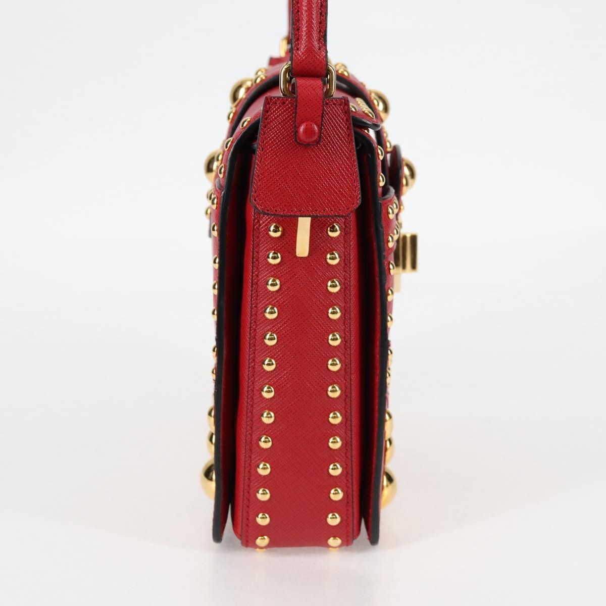 Prada Turn Lock Shoulder Bag Studded Saffiano Leather, RED, LEATHER, Shoulder bag