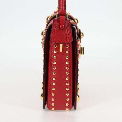 Prada Turn Lock Shoulder Bag Studded Saffiano Leather, RED, LEATHER, Shoulder bag