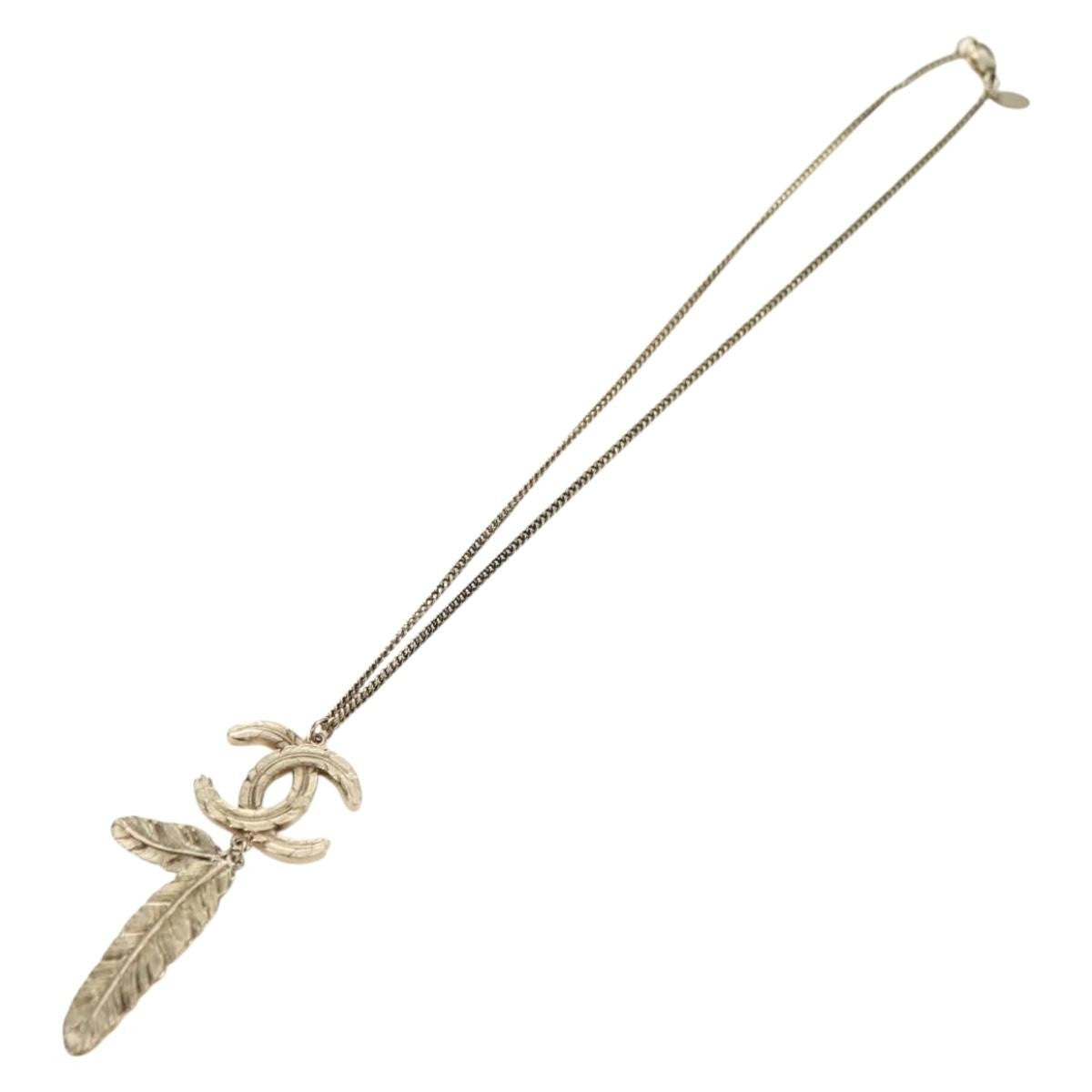 Chanel Feather CC Pendant Necklace Metal, Gold, Metal, Necklace
