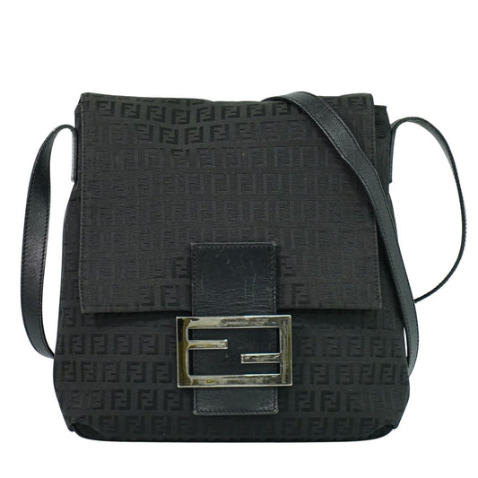 Fendi Vintage Flap Crossbody Bag Zucchino Canvas, BLACK, CANVAS, Shoulder bag