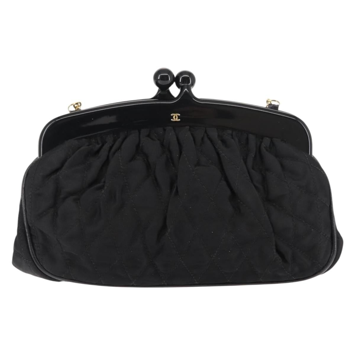 Chanel Vintage Kisslock Frame Bag Pleated Satin, BLACK, SATIN, Shoulder bag