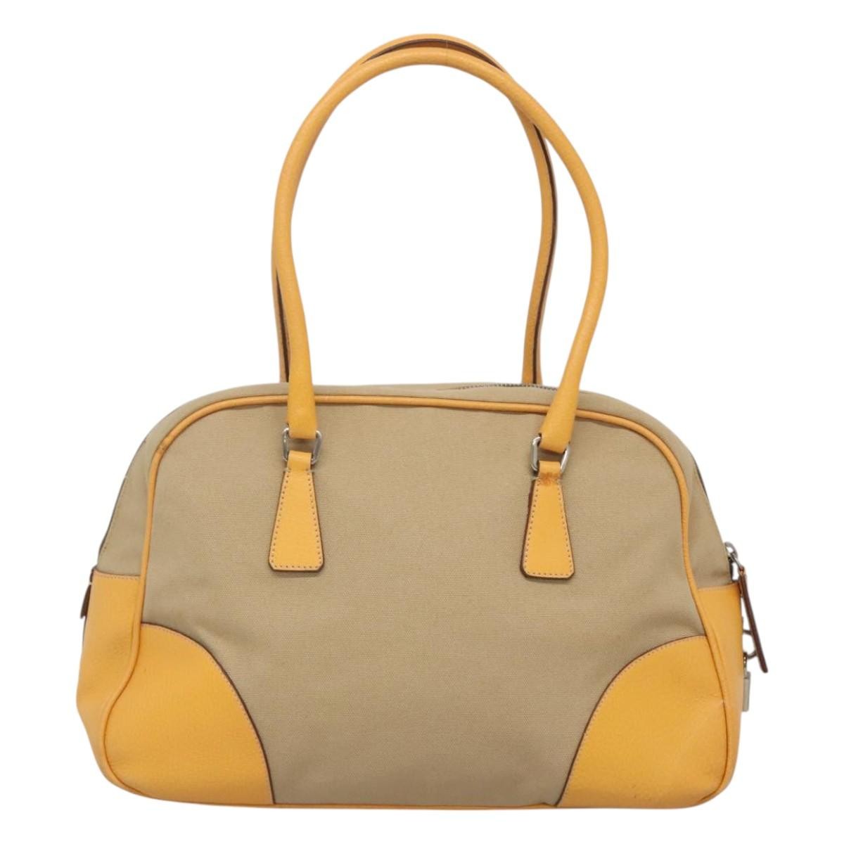Prada Bauletto Bag Canvas with Leather, BEIGE, CANVAS, Handbag