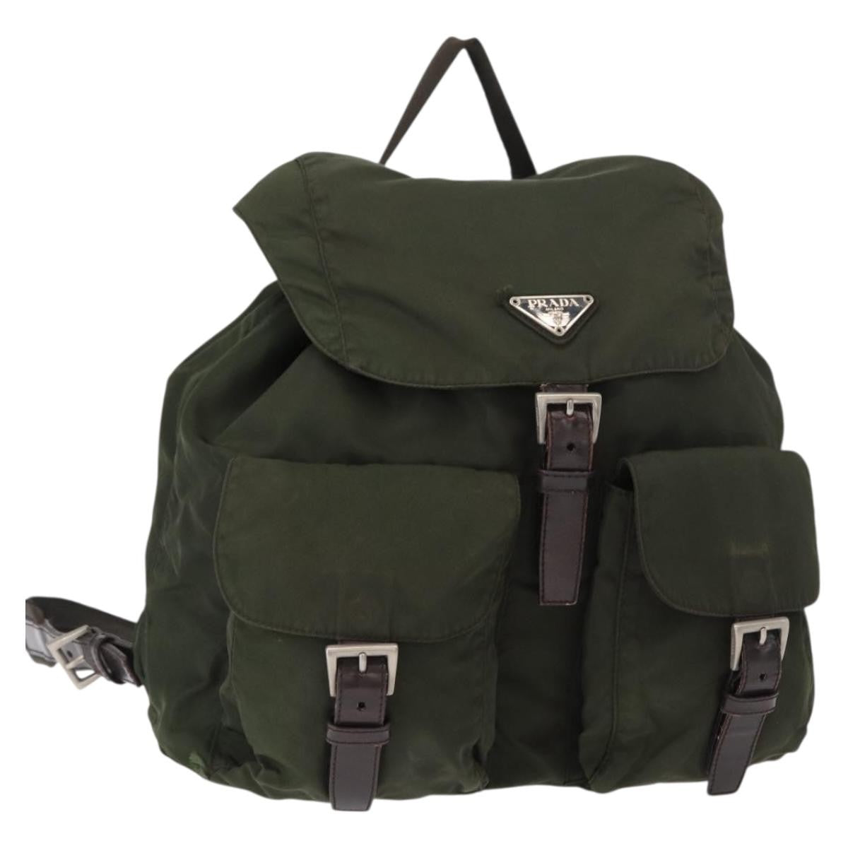Prada Vela Double Front Pocket Backpack Tessuto with Saffiano Leather, KHAKI, NYLON, Backpack