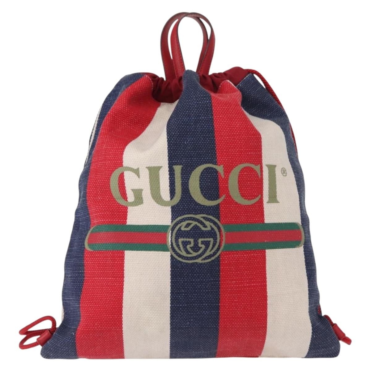 Gucci Logo Drawstring Backpack Striped Canvas, BLUE, CANVAS, Backpack