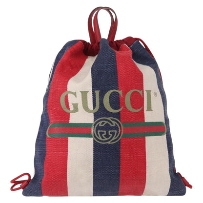 Gucci Logo Drawstring Backpack Striped Canvas, BLUE, CANVAS, Backpack