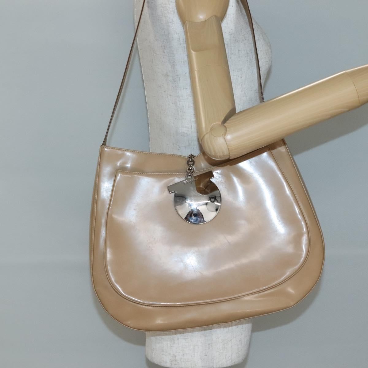 Salvatore Ferragamo Gancini Shoulder Bag Patent Leather, BEIGE, PATENT_LEATHER, Shoulder bag