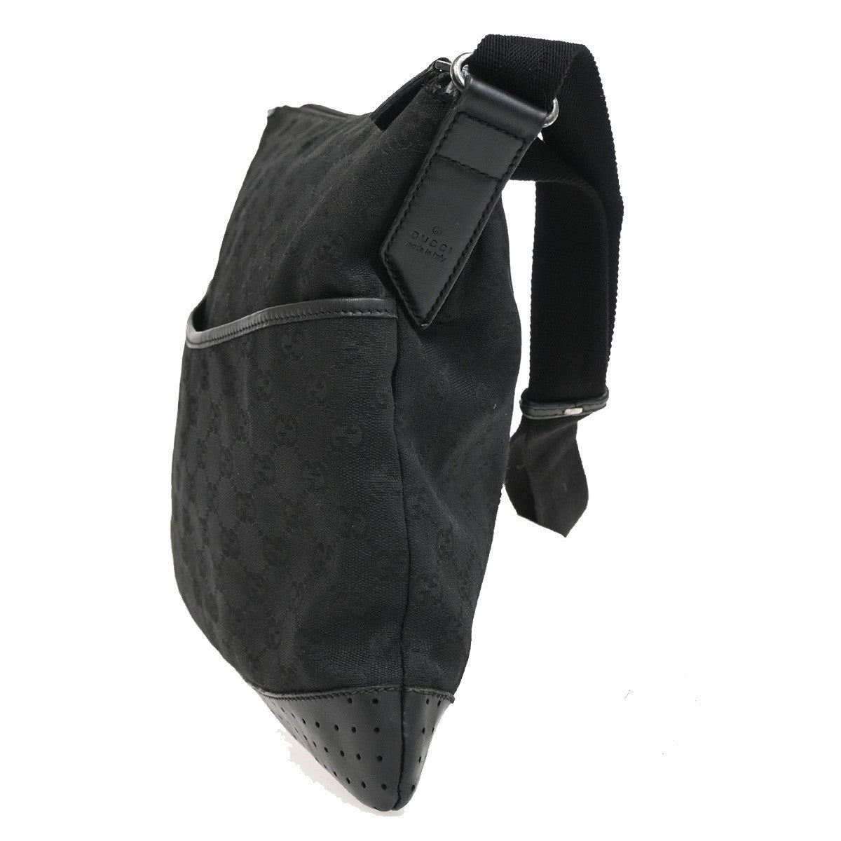 Gucci Zip Messenger GG Canvas with Perforated Leather, BLACK, CANVAS, Shoulder bag