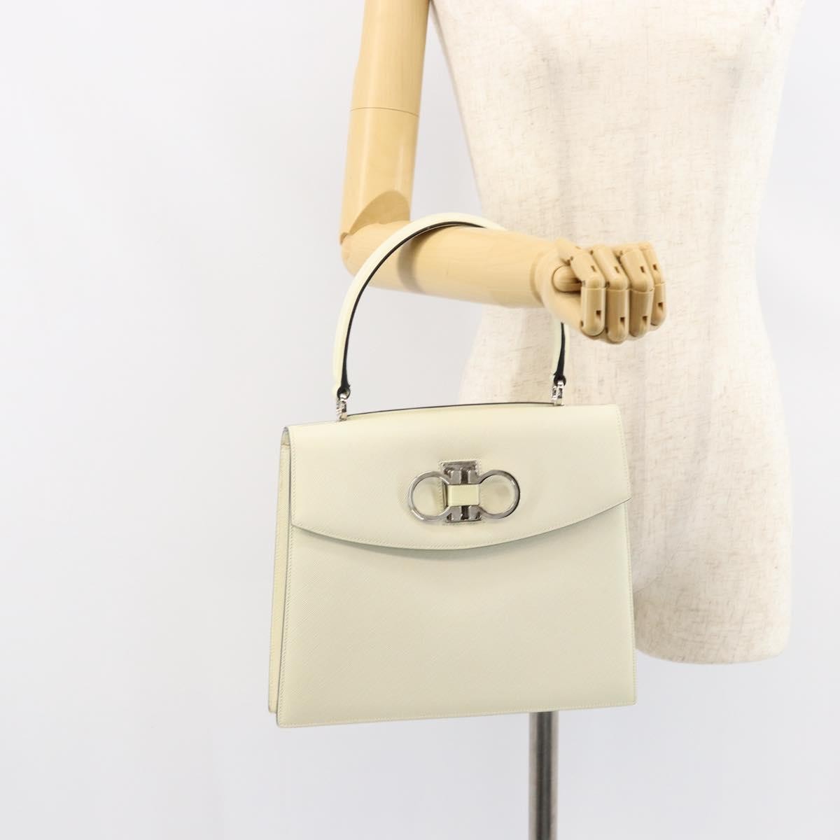 Salvatore Ferragamo Double Gancini Top Handle Bag Saffiano Leather, WHITE, LEATHER, Handbag