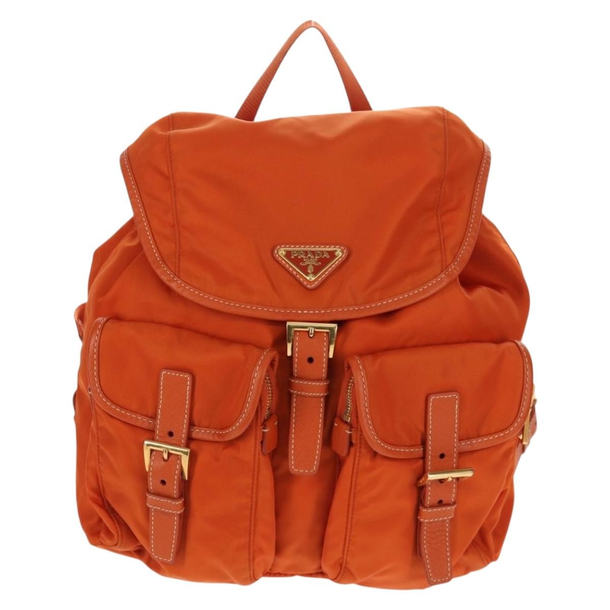 Prada Vela Double Front Pocket Backpack Tessuto with Saffiano Leather, ORANGE, NYLON, Backpack