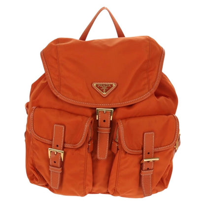 Prada Vela Double Front Pocket Backpack Tessuto with Saffiano Leather, ORANGE, NYLON, Backpack