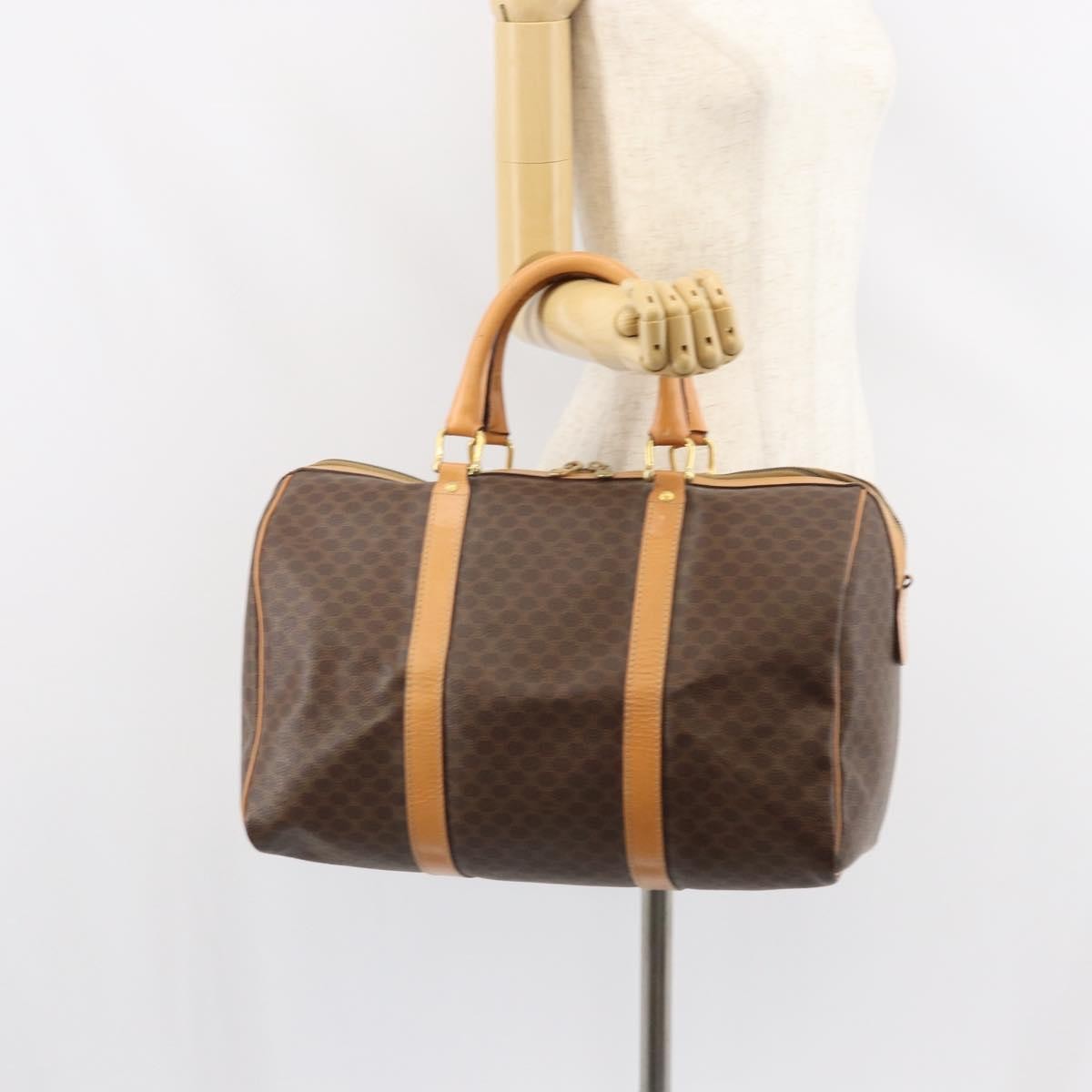 Celine Vintage Macadam Boston bag Canvas and Leather, BROWN, PVC, Travel bag