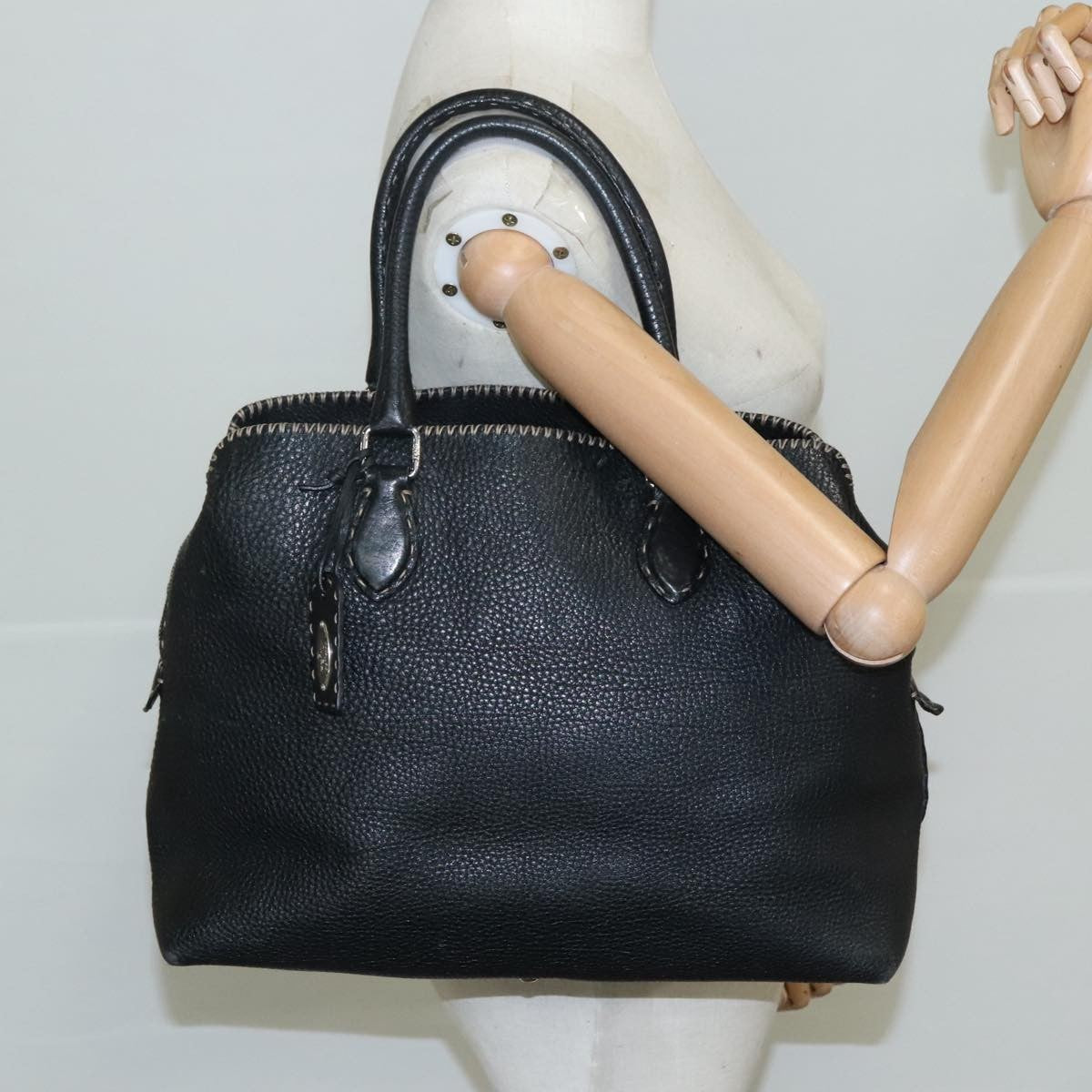 Fendi Selleria Handle Bag Embossed Leather, BLACK, LEATHER, Handbag