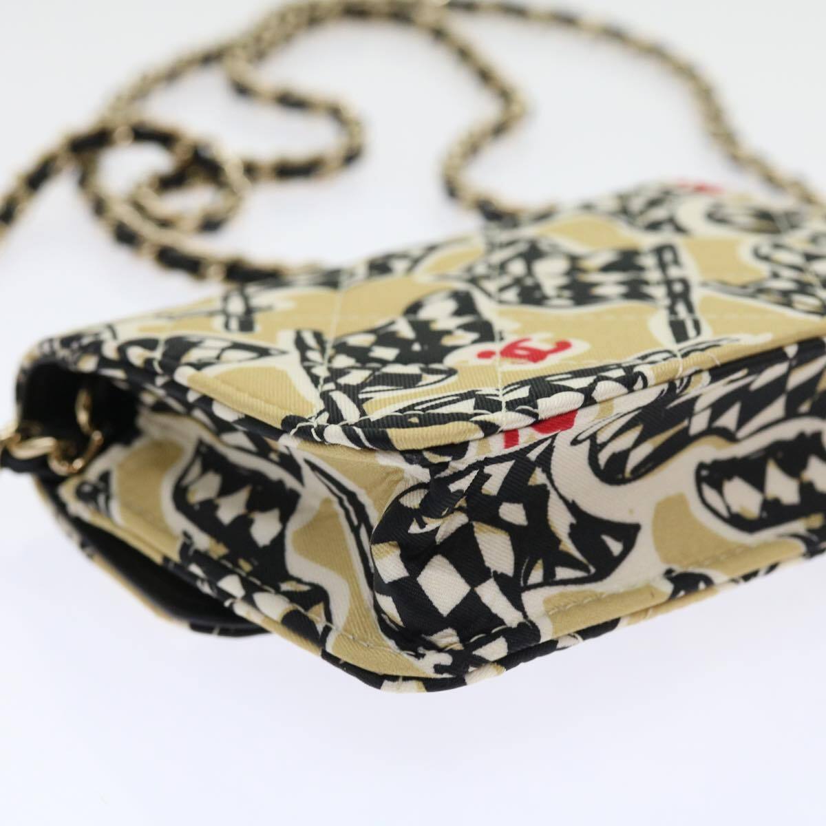 Chanel Flap Card Holder on Chain Quilted Printed Canvas, BEIGE, CANVAS, Shoulder bag