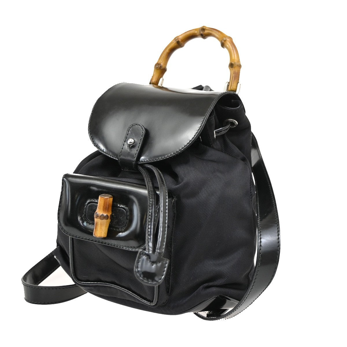 Gucci Vintage Bamboo Backpack Nylon and Patent Leather, BLACK, NYLON, Backpack