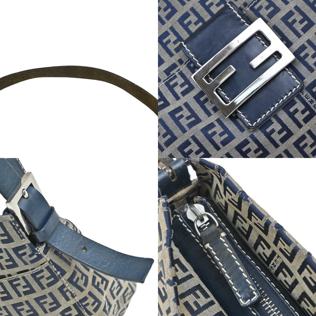 Fendi Vintage Flap Shoulder Bag Zucchino Canvas with Leather, NAVY, CANVAS, Shoulder bag