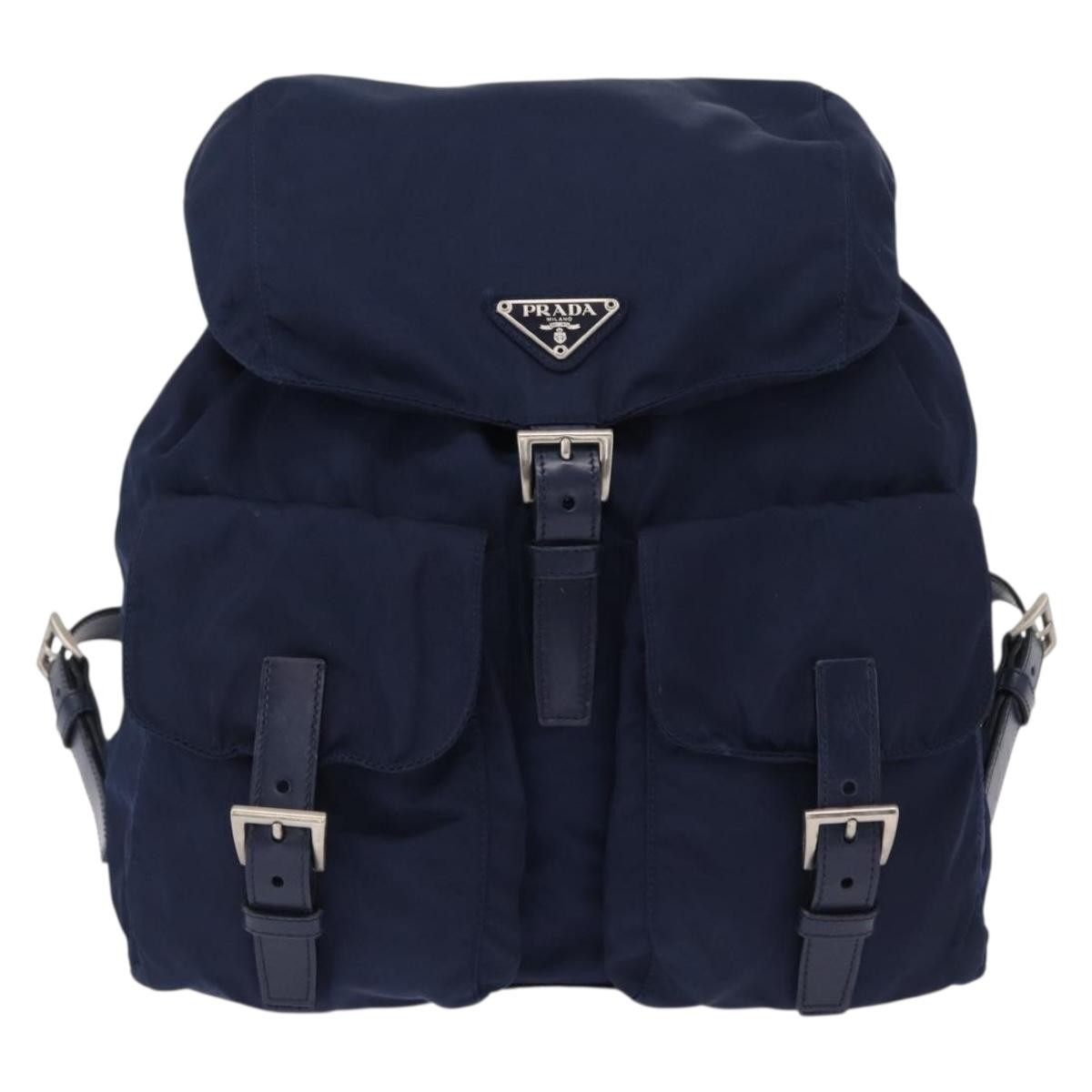 Prada Vela Double Front Pocket Backpack Tessuto with Saffiano Leather, BLUE, NYLON, Backpack
