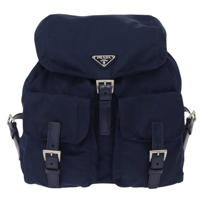Prada Vela Double Front Pocket Backpack Tessuto with Saffiano Leather, BLUE, NYLON, Backpack