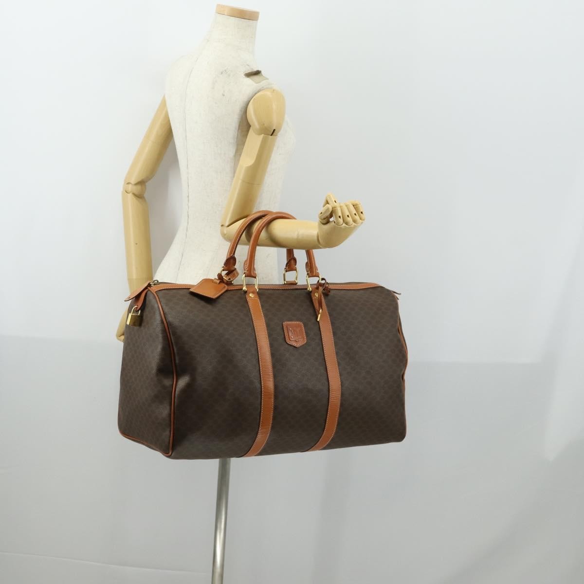 Celine Vintage Duffle Bag Macadam Coated Canvas, BROWN, PVC, Travel bag