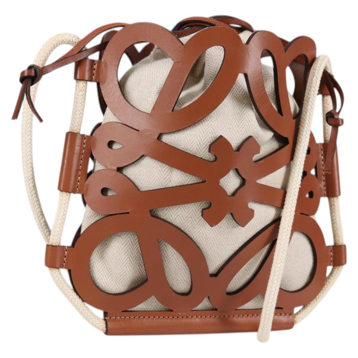 Loewe Anagram Drawstring Bucket Crossbody Bag Leather with Canvas, BEIGE, LEATHER, Crossbody bag