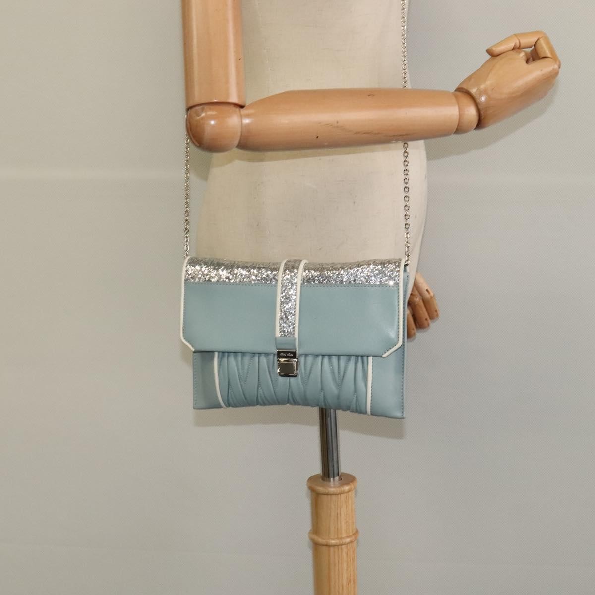 Miu Miu Madras Chain Clutch Matelasse Leather with Glitter, BLUE, LEATHER, Shoulder bag