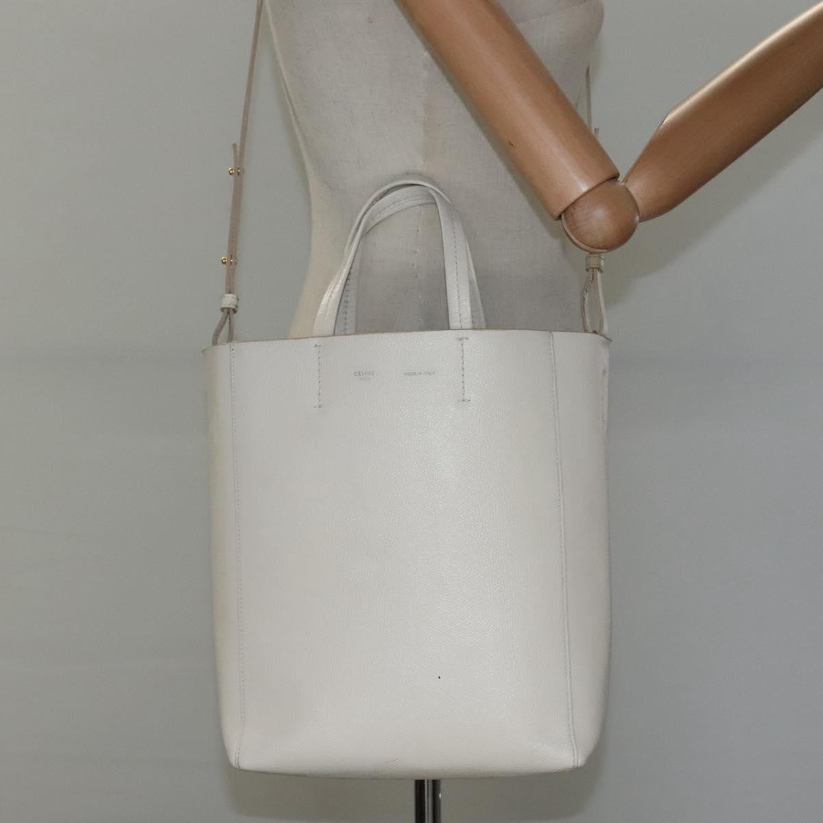 Celine Vertical Cabas Tote Leather, WHITE, LEATHER, Tote bag