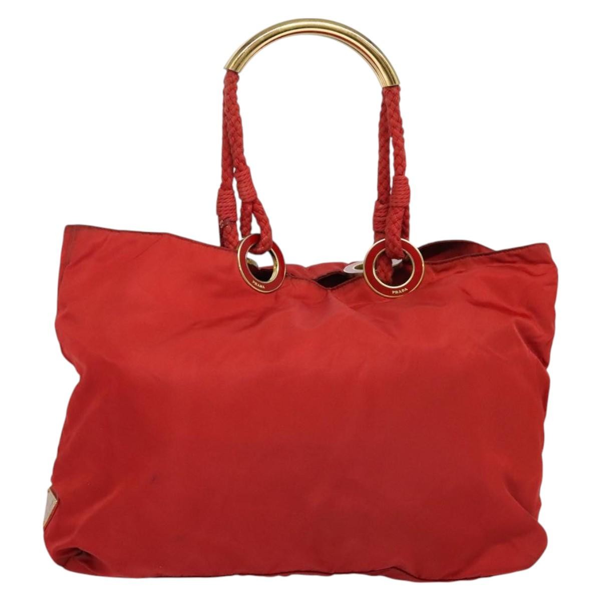 Prada Convertible Metal Handle Satchel Quilted Tessuto, RED, NYLON, Tote bag