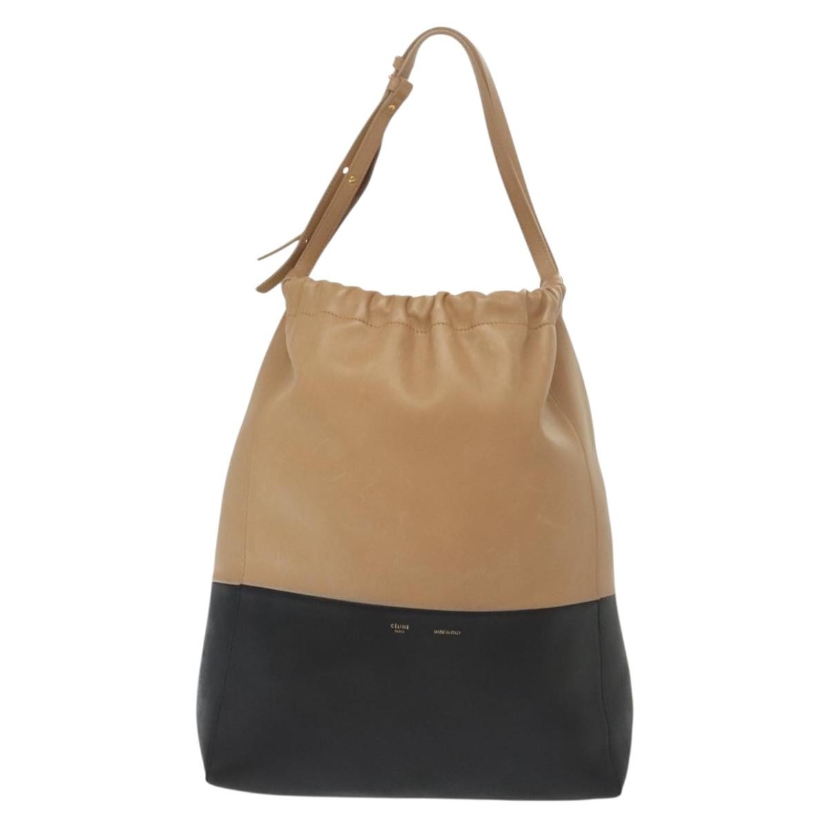 Celine Bicolor Drawstring Cabas Tote Leather, BEIGE, LEATHER, Tote bag