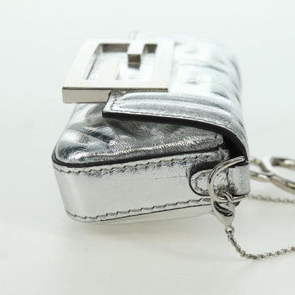 Fendi Chain Baguette Charm Bag Zucca Embossed Leather, Silver, Canvas, Clutch