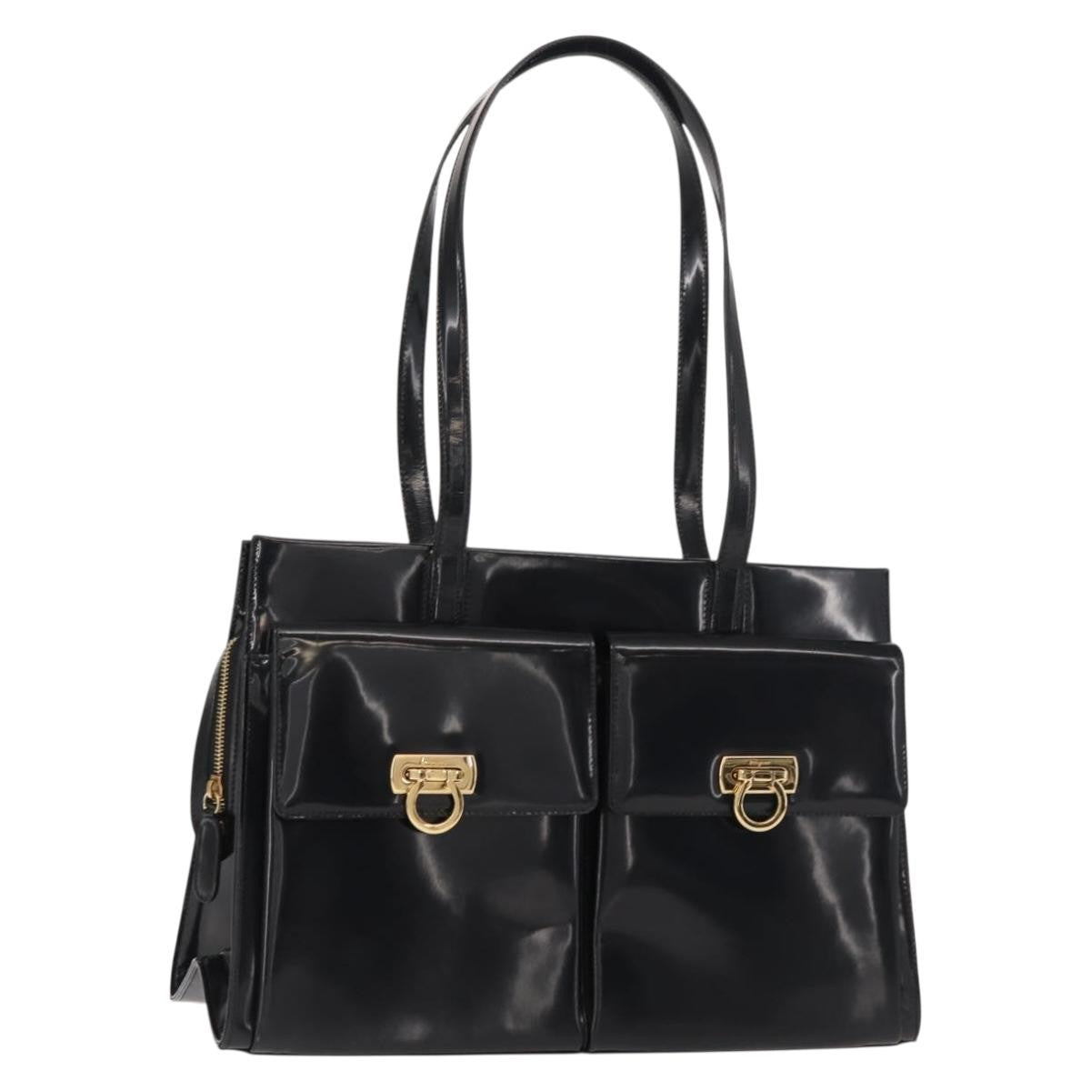 Salvatore Ferragamo Gancini Tote Patent leather, BLACK, PATENT_LEATHER, Tote bag
