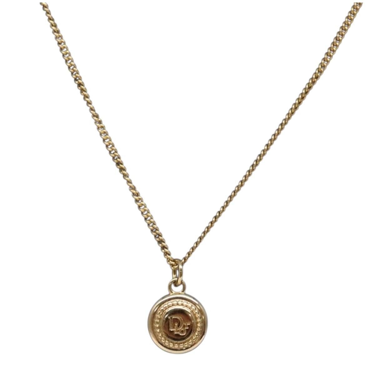 Christian Dior Vintage Logo Round Pendant Necklace Metal, GOLD, METAL, Necklace