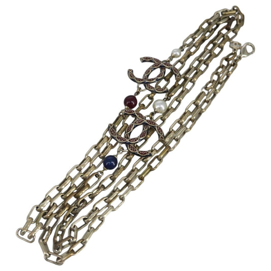 Chanel Vintage Double Strand CC Pendant Necklace Metal with Crystals, GOLD, METAL, Necklace