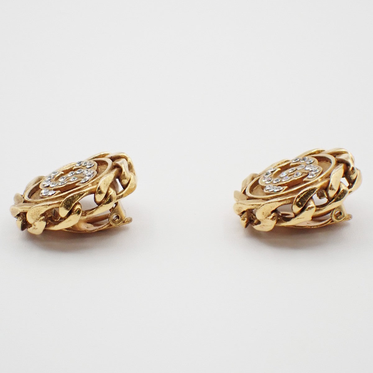Chanel Vintage CC Round Clip-On Earrings Metal with Crystals, Gold, Gold Plated, Earrings