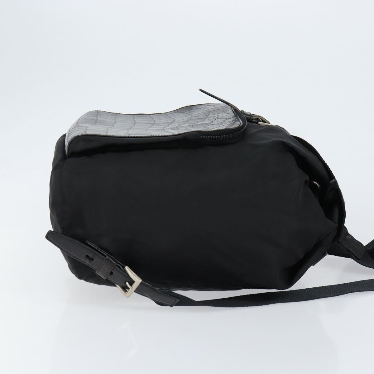 Prada Cinch Buckle Flap Backpack Tessuto with Crocodile Embossed Leather, BLACK, NYLON, Backpack