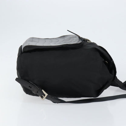 Prada Cinch Buckle Flap Backpack Tessuto with Crocodile Embossed Leather, BLACK, NYLON, Backpack