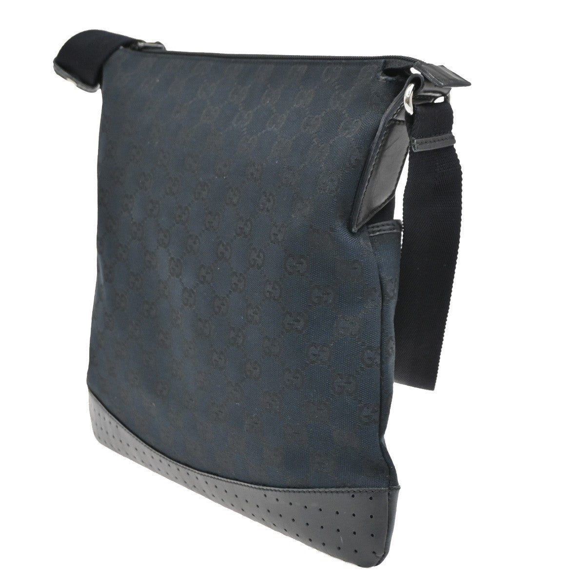 Gucci Zip Messenger Bag GG Canvas with Perforated Leather, BLACK, CANVAS, Shoulder bag