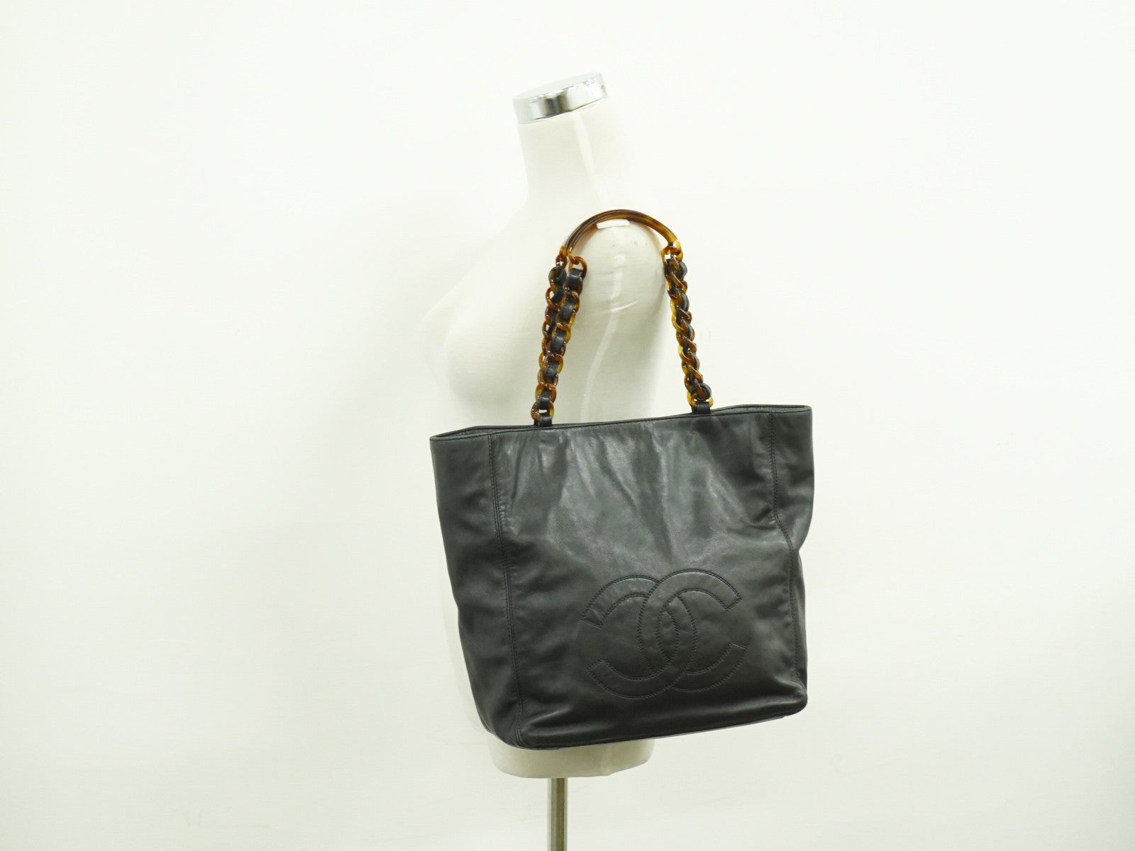 Chanel Vintage CC Resin Chain Tote Leather, BLACK, LEATHER, Tote bag